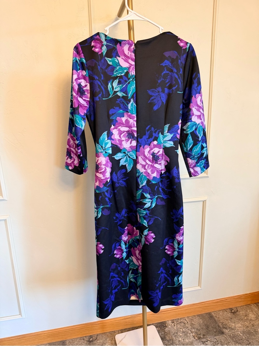 Donna Ricco Black Midi Dress Purple Floral Teal Leaves MSRP $128 - Picture 3 of 4